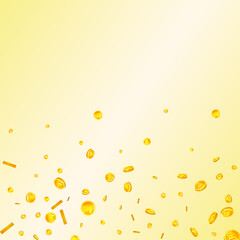 Korean won coins falling. Scattered gold WON coins. Korea money. Jackpot wealth or success concept. Square vector illustration.