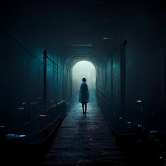 Abstract illustration of a girl walking along an endless gloomy corridor