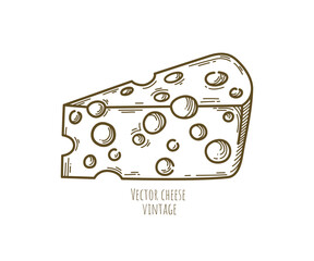 Big cheese piece with large holes. Delicious outline maasdam. Vector dairy illustration. Vintage decorative art element for menu design, packaging. Cheese cut. Grocery store logo. Linear food icon.