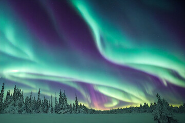 Nordlichter über dem Wald. Aurora Borealis mit Sternen am Nachthimmel. Fantastische epische magische Winterlandschaft
