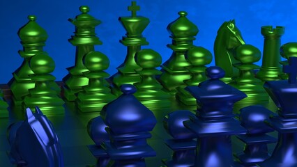 Metallic green-blue chess figures on a board under blue flare background. Chess board game concept of business ideas and competition and strategy ideas concept. 3D illustration under selective focus.