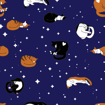 Colorful cats sleeping among the stars seamless vector pattern