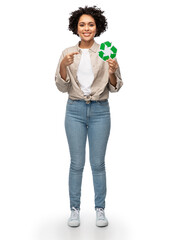 eco living, environment and sustainability concept - portrait of happy smiling woman holding green recycling sign over white background