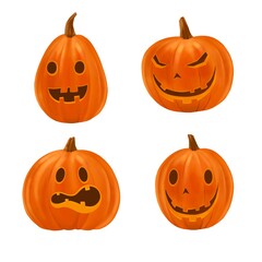 Set of cartoon pumpkins with funny faces for your design for the holiday Halloween. Different shapes and sizes orange gourd. Spooky and angry carved faces for autumn holiday greeting card.