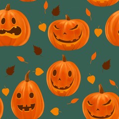 Cute Halloween pumpkin and fatting leaves seamless pattern. Jack orange lantern drawn with carved faces. Repeat tile swatch with happy halloween text, and bats for scrapbook, fabric, wrapping paper