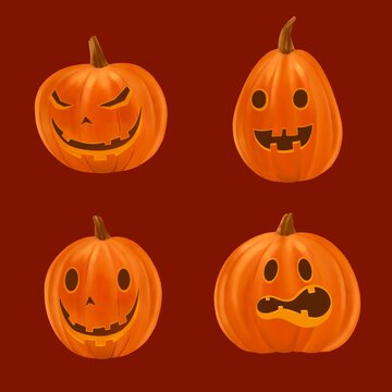 Set of cartoon pumpkins with funny faces for your design for the holiday Halloween. Different shapes and sizes orange gourd. Spooky and angry carved faces for autumn holiday greeting card.