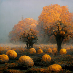Pumpkin in a field on a foggy morning with trees in orange fall color in the background