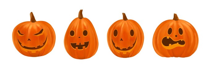 Set of cartoon pumpkins with funny faces for your design for the holiday Halloween. Different shapes and sizes orange gourd. Spooky and angry carved faces for autumn holiday greeting card.