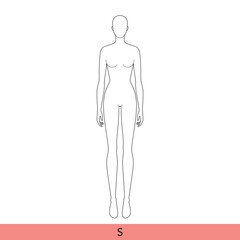 S Size Women Fashion template 9 nine head Croquis Lady model skinny body figure front, side, 3-4, back view. Vector isolated sketch outline girl for Fashion Design, Illustration, technical drawing