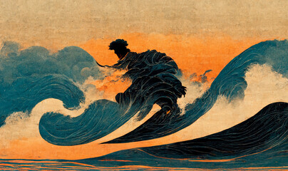 Abstract surfer on wave in traditional Japanese wood block style