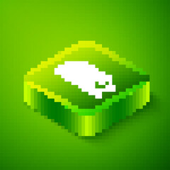 Obraz premium Isometric Fish with sliced pieces with knife icon isolated on green background. Green square button. Vector