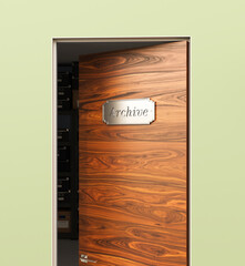 Archive. Open door with a metal sign. 3d illustration