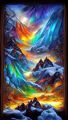 Fototapeta na wymiar Colorful abstract multi-color bright mountains. Painted abstract mountains and snow. Stained glass stylization.