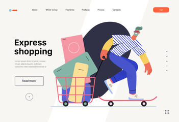 Express shopping -Online shopping, electronic commerce web template -modern flat vector concept illustration, man on skateboard with shopping basket. Promotion, discounts, sale, online orders concept
