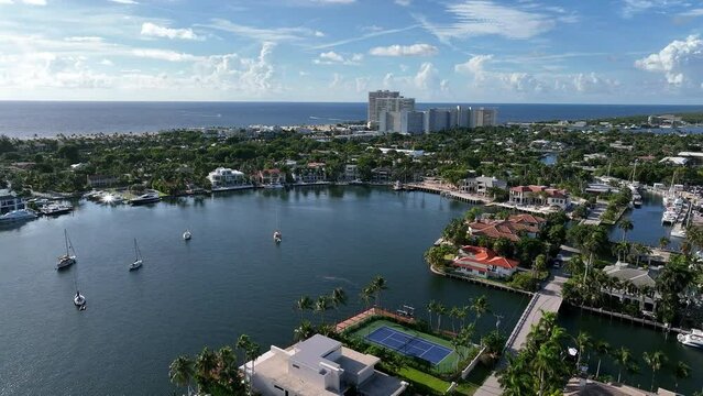 Aerial view over Lake Sylvia in Fort Lauderdale looking to the ocean from over Harbor Beach Florida.