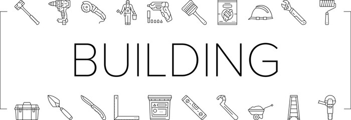 building tool hammer repair drill icons set vector