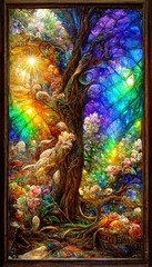 Colorful abstract multicolored fantasy nature. Painted abstract nature and rainbow. Stained glass stylization.