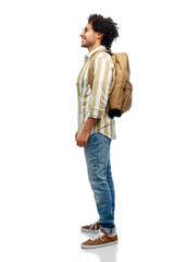 travel, fashion and education concept - happy smiling man in glasses with backpack over white...