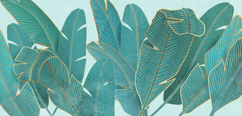 Tropical art background with exotic palm leaves in golden line style. Botanical vector banner for decoration design, print, wallpaper, packaging, textile.