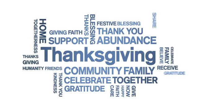 Thanksgiving Animated tag word cloud;text design animation kinetic typography seamless loop.