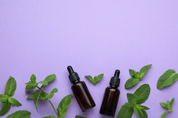 Bottles of essential oil and mint on violet background, flat lay. Space for text