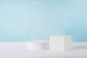 Acrylic ribbed plate, podium, background for cosmetic product packaging on blue backdrop. Showcase...
