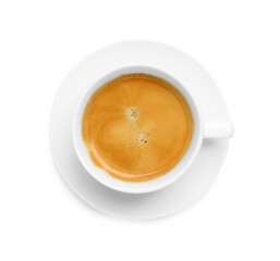 Cup of hot coffee and saucer isolated on white, top view