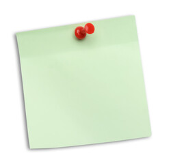 Blank light green note pinned on white background, top view