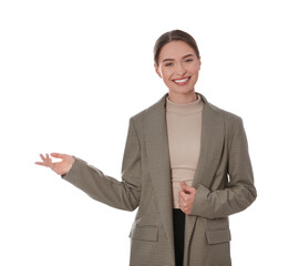 Beautiful woman on white background. Weather forecast reporter