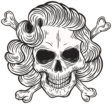 Women Skull Dark illustration Skull Bones Head Hand drawn Hatching Outline Style Mystical Celestial Symbol Tattoo
