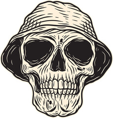 Dark art Skull Hat Bones Head Hand drawn Hatching Outline Style illustration