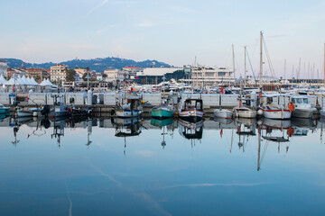 Fototapeta na wymiar European France Italy Boats in Harbour Harbor Reflection Sailing