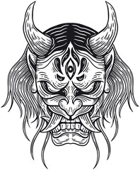 Demon Mask Beast Head Hand drawn Hatching Outline Symbol Tattoo