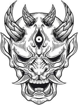 Monster Mask Beast Head Hand drawn Hatching Outline Symbol Tattoo