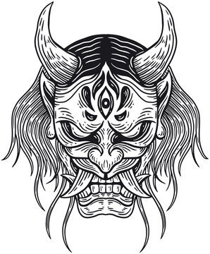 Demon Mask Beast Head Hand drawn Hatching Outline Symbol Tattoo