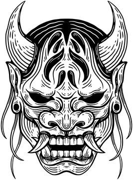 Oni Mask Beast Head Hand drawn Hatching Outline Symbol Tattoo