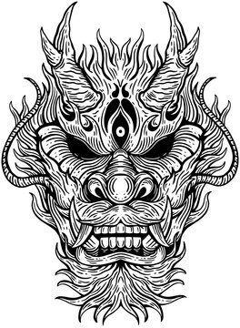 Dragon Beast Head Hand drawn Hatching Outline Symbol Tattoo
