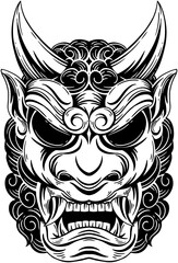 Obraz premium Skull Dark Art Japanese Mask Devil Demon Hand Drawn Engraving Style