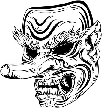 Skull Dark Art Japanese Mask Devil Demon Hand Drawn Engraving Style