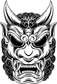 Skull Dark Art Japanese Mask Devil Demon Hand Drawn Engraving Style