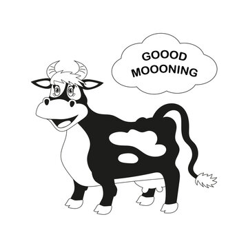 Vector black and white image of a cow on a white background. The inscription is Goood Mooorning.