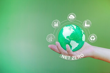 Net Zero and carbon neutral concept. Zero net emission of greenhouse gases. Concept of circular sustainable development, renewable energy consumption and nature-friendly economic development. person's © Tom