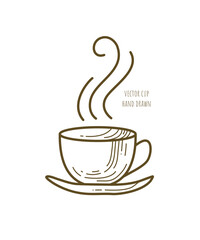 Linear illustration with small cup and saucer. Table setting. Tasty tea. Hot coffee with steam. Fresh roast. Flavored drink to day start. Food icon. Graphic element for menu layout design. Tableware.