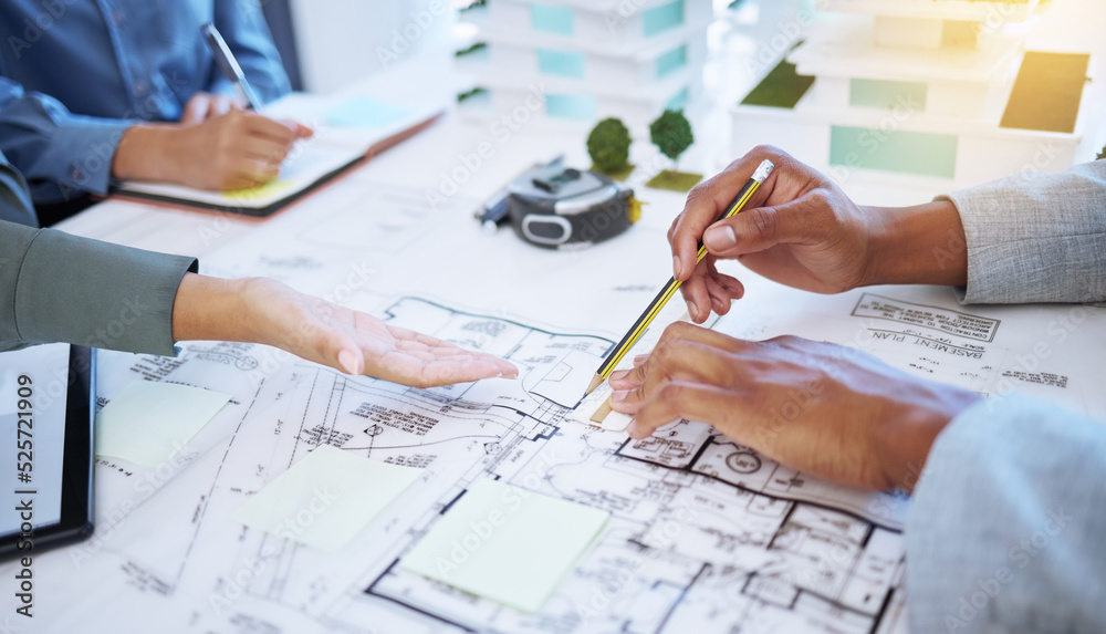 Poster Hands of architecture blueprint design, 3d property construction building and engineering model planning. Creative team collaboration on floor plan sketch, drawing development and industrial project
