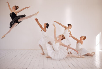Ballet, jump and dance class studio for professional sports woman. Female performance art students...