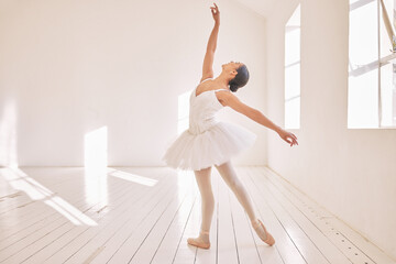 Ballet dance, student and training on studio floor, gym or theater for competition, exercise or...