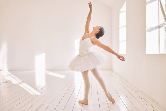 Ballet Dance, Student And Training On Studio Floor, Gym Or Theater For Competition, Exercise Or Recital. Ballerina Dancer, Creative And Fitness Workout Performance Or Love For Art At School Academy.