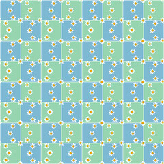 Pattern with wreaths of small daisies. Summer retro style 1970s. Groovy and trippy illustration on blue background. Vector drawing. For clothing, packaging, design and textiles, postcards and flyers.