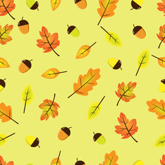 Seamless Pattern of Autumn Leaves and Acorns. Suitable for Background, Wallpaper, Etc.