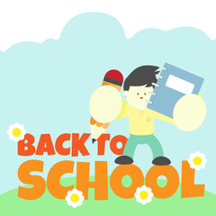 Back to school. The boy is standing holding a pencil and a book. Suitable for school events